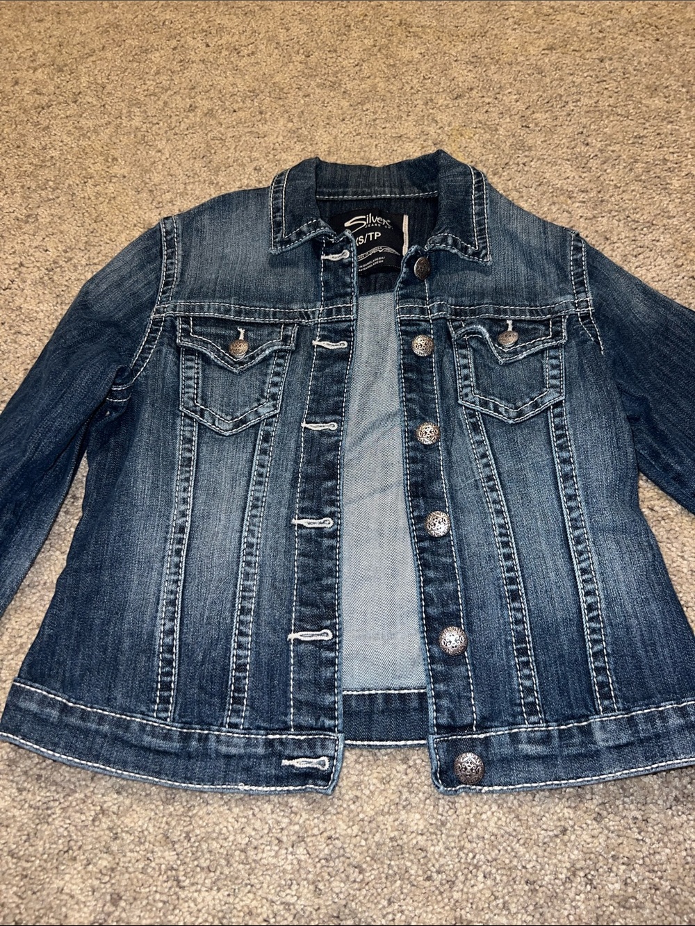 Silver Jeans Dark Wash Blue Denim Jacket with Contrast Stitching